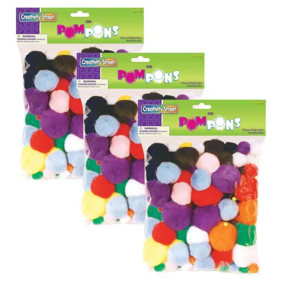 Pom Pons, Bright Hues, Assorted Sizes, 100 Pieces Per Pack, 3 Packs {1}