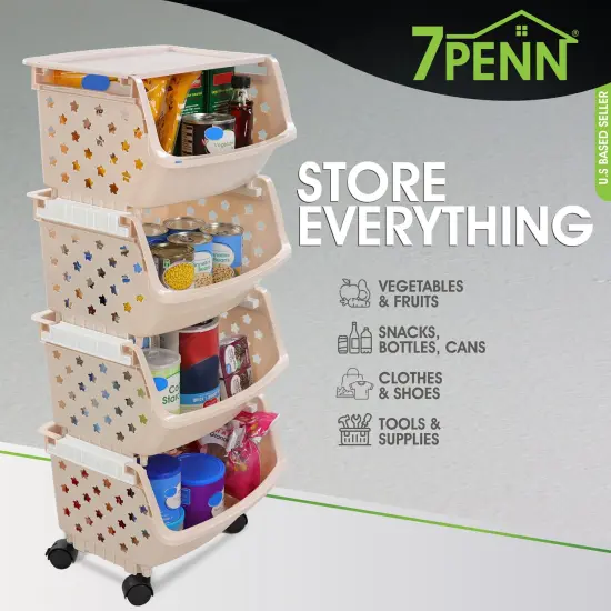 7Penn Rolling Storage Bin - 4pc Beige Stackable Storage Container with Wheels {5}
