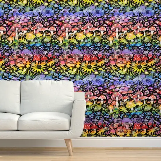 Peel & Stick Wallpaper 2FT Wide Rainbow Mushrooms Colorful Sunflower Anemone Botanical Woodland Red Blue Custom Removable Wallpaper by Spoonflower {5}