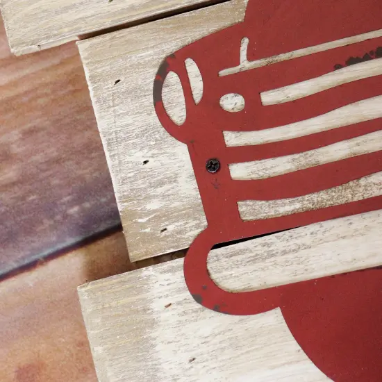 Raz 28" Rustic Wood and Metal Red Truck Carrying Tree Wall Art Green {5}