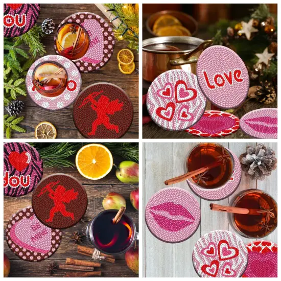 Denylo pro 8 Pcs Valentine's Day Diamond Art Painting Coasters Kits with Holder DIY Valentine's Day Diamond Art Coaster for Adults Diamond Painting Kits Supplies for Valentine's Day Gift {2}