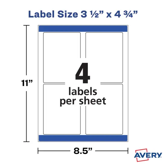 Avery Printable Blank Rectangle Labels, 3.5" x 4.75", White, 32 Customizable Labels (22827) {5}
