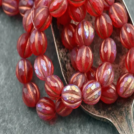 *12* 10mm Copper Washed Matte Ruby Red AB Faceted Round Melon Beads {4}