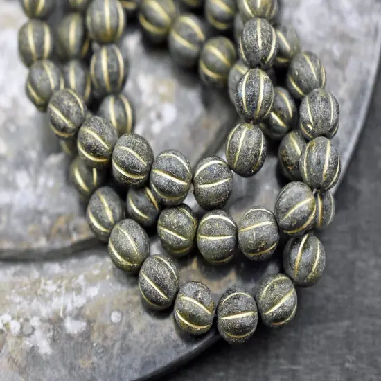 Gold Washed Etched Sapphire Picasso Round Melon Beads -- Choose Your Size {3}