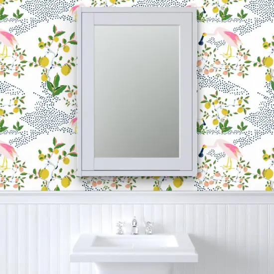 Peel & Stick Wallpaper 2FT Wide Tropical Exotic Birds Whimsical Nature Spoonbill Lemon Dots Coastal Custom Removable Wallpaper by Spoonflower {6}