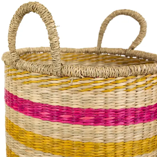 Northlight Set of 3 Striped Fuchsia and Yellow Seagrass Woven Baskets with Handles 13.75" {5}