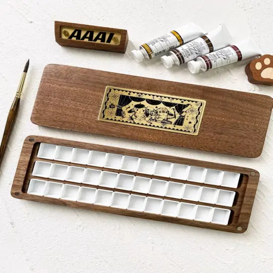 natural Walnut wood watercolor Artist Paint Palette, Sable wood, retro art, Acrylic Paint Palette, Wooden watercolor paint box {6}