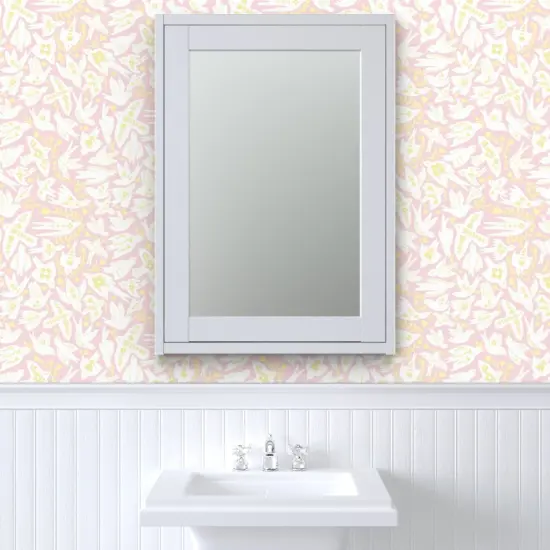 Peel & Stick Wallpaper 2FT Wide Whimsical Doves Pastel Pink Yellow Birds Floral Custom Removable Wallpaper by Spoonflower {6}
