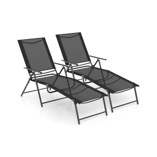 2 Piece Patio Folding Chaise Lounge Chairs Recliner With 6-level Backrest Black {3}