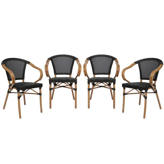 Merrick Lane Mael Set of Four Stacking Thonet Bistro Style Chair with Arms, Textilene Seat, and Bamboo Finished Metal Frame for Indoor/Outdoor Use Black/Natural Frame {2}