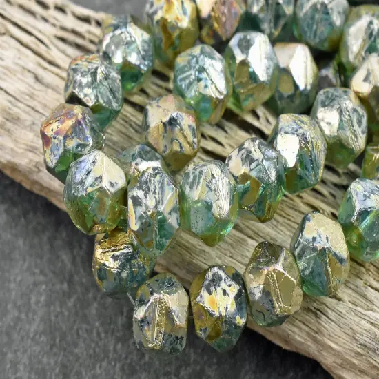 *15* 9x10mm Aqua Silver Picasso Antique Cut Round Beads {3}