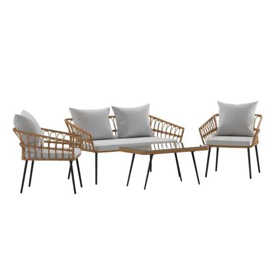 Merrick Lane Armon Four Piece Indoor/Outdoor Boho Open Weave Natural Rattan Rope Patio Set with Two Chairs, Loveseat and Table with Cushions Natural/Gray {1}