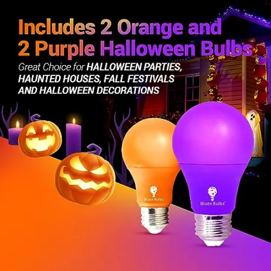 4 Pack A19 LED Purple Light Bulb LED Orange Light Bulb 120V E26 Base 9 Watt (60-watt Replacement) Purple Bulb Orange Bulb, Party Decoration, Porch, Home Lighting, Halloween Light Bulbs {4}