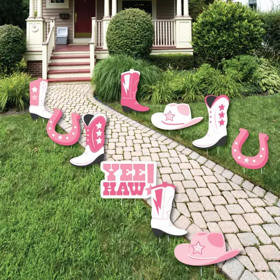 Big Dot of Happiness Rodeo Cowgirl - Cowboy Boots, Hat, and Horseshoe Lawn Decorations - Outdoor Pink Western Party Yard Decorations - 10 Piece {1}