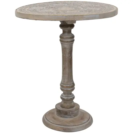 Northlight 21" Antique Gray Carved Floral Round Pedestal Side Table {4}