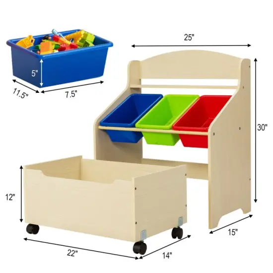 Kids Wooden Toy Storage Unit Organizer with Rolling Toy Box and Plastic Bins Natural {4}