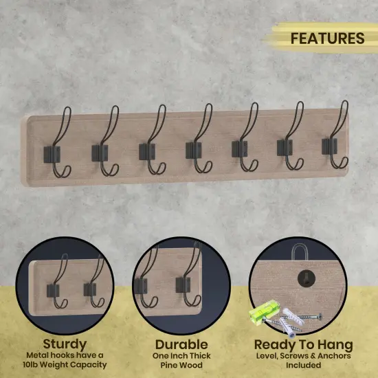 HBCY Creations Wall Mounted Storage Rack - Pine Wood Construction - 7 Hooks - Ideal for Entryway, Kitchen, Bathroom and More Weathered Brown {2}