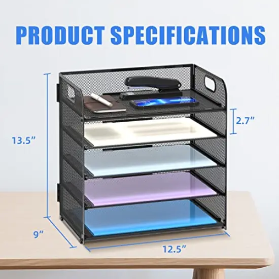 5 Trays Paper Organizer with Handle - Mesh Desk File/Letter Organizer,Black Paper Sorter for Office, Home or School {1}