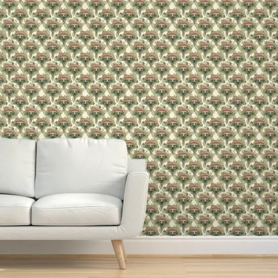 Pre-Pasted Wallpaper 2FT Wide Art Nouveau Mushrooms Botanical Nature Olive Green Toadstool Vintage Inspired Cream Custom Pre-pasted Wallpaper by Spoonflower {5}