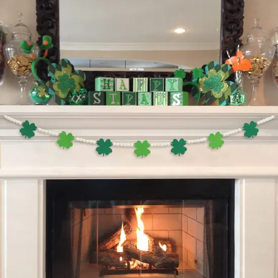 St. Patrick's Day Decorations, Felt Shamrocks Wood Bead Garland for St. Patrick's Day Decor, Lucky Green St. Patrick's Day Felt Banner for Fireplace Mantel Walls {6}