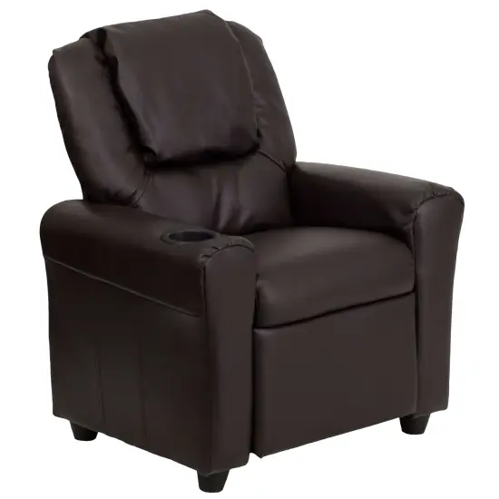 Emma and Oliver Contemporary Kids Recliner with Cup Holder and Headrest Brown LeatherSoft {1}