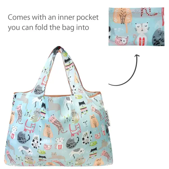 Wrapables Large & Small Foldable Tote Nylon Reusable Grocery Bags, Set of 2 Cool Cats {5}