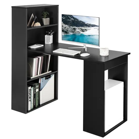Costway Computer Desk WritingWorkstation Office w/6-Tier Storage Shelves White\Black {1}