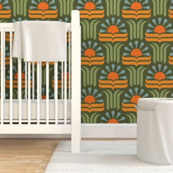 Pre-Pasted Wallpaper 2FT Wide Geometric Floral Retro Botanical Art Nouveau 70S Groovy Boho Scandi Orange Green Custom Pre-pasted Wallpaper by Spoonflower {7}