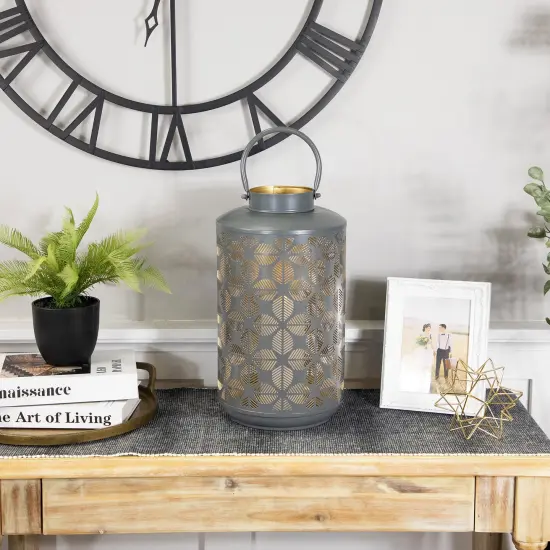 Northlight Laser-Cut Large Iron Candle Lantern with Handle - 15.25" - Gray and Gold {3}