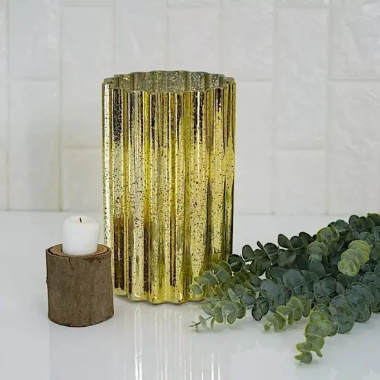 GOLD 9" Wavy Design Mercury GLASS Hurricane CANDLE HOLDER {4}