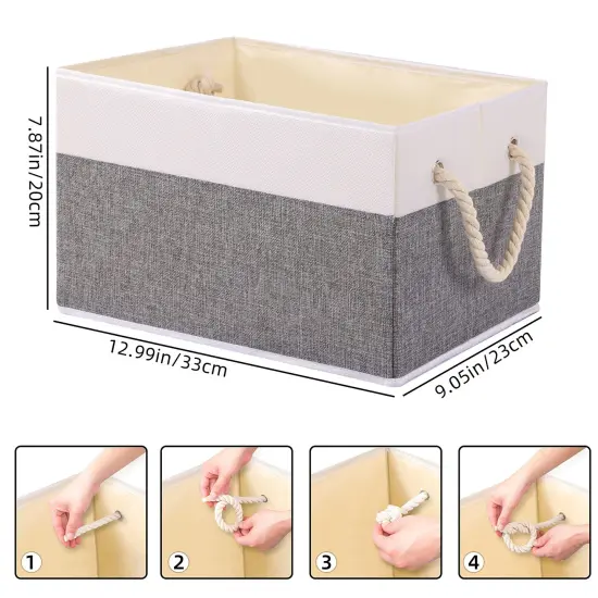 Foldable Storage Basket 1-Pack, Large Fabric Storage Bins with Rope Handle, Used for Organizing Shelves, Closets, Clothes Storage Box, 12.99''Lx9.05''Wx7.87''H, White/Grey {1}