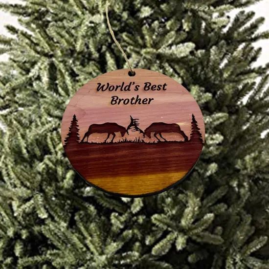 Worlds Best Brother Elk Battle - Cedar Ornament {2}