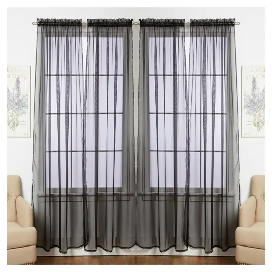 J&V TEXTILES 4-Pack Value: Solid Sheer Window Curtain Panels Black {1}
