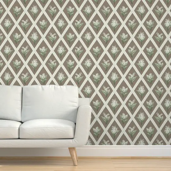 Pre-Pasted Wallpaper 2FT Wide Traditional Floral Lattice Earth Tones Cottagecore Cream Brown Green Custom Pre-pasted Wallpaper by Spoonflower {5}