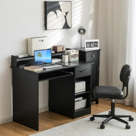 Modern Computer Desk with Large Drawer Pull-Out Keyboard Tray and Multi-Level Storage Shelf Black {2}