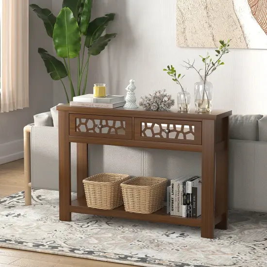 2-Tier Console Table with Drawers and Open Storage Shelf Brown {6}