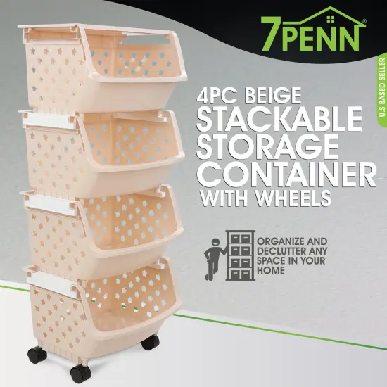 7Penn Rolling Storage Bin - 4pc Beige Stackable Storage Container with Wheels {3}