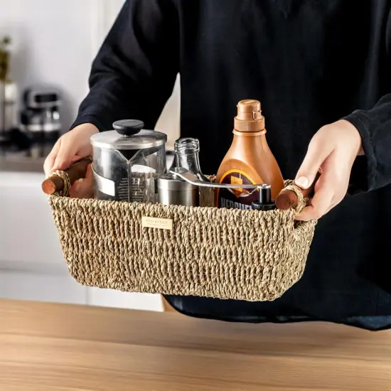 Seagrass Hand Woven Basket with Stain Resistant Polished Wooden Handles, Toilet paper Storage Wicker Baskets 12 inches Length, 6.29 inches Width, 4.25 inches Height, Natural {6}