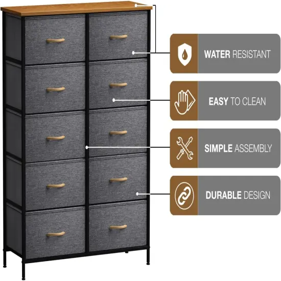 Sorbus Dresser with 10 Drawers - Storage Unit Organizer Chest for Clothes - Bedroom, Room, Nursery, & Closet - Steel Frame, Wood Top & Handles, and Easy Pull Fabric Bins Maple {6}