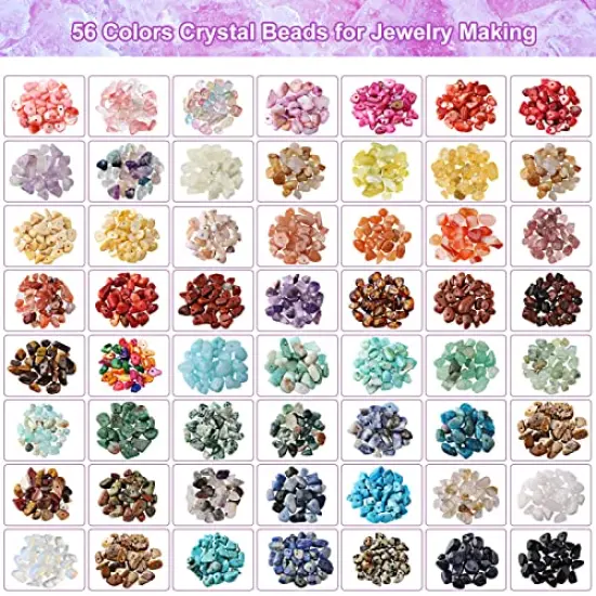 1800 pieces 56 Colors Crystal Beads, Ring Making Kit, Gemstone Chip Beads Irregular Natural Stone with Jewelry Making Supplies for DIY Craft Bracelet Necklace Earrings, Craft Gifts {6}