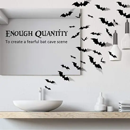 Coogam 60PCS Halloween Bats Decoration, 4 Different Sizes Realistic PVC Black 3D Scary Bat Sticker for Home Decor DIY Wall Decal Bathroom Indoor Hallowmas Party Supplies {6}