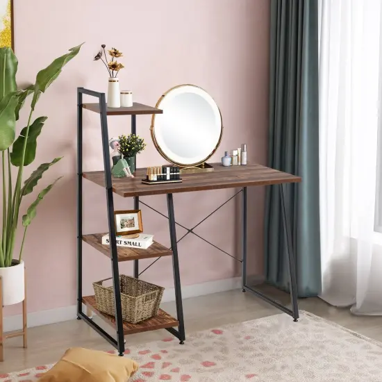 Compact Computer Desk Workstation with 4 Tier Shelves for Home and Office Brown {2}