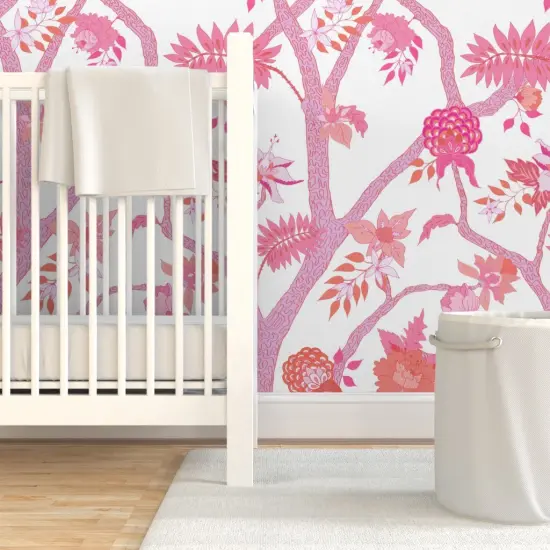 Pre-Pasted Wallpaper 2FT Wide Peony Floral Chinoiserie Large Scale Pink Orange Maximalist Custom Pre-pasted Wallpaper by Spoonflower {7}