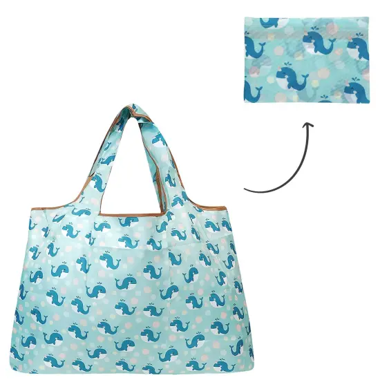 Wrapables Large Foldable Tote Nylon Reusable Grocery Bags Blue Whales {3}