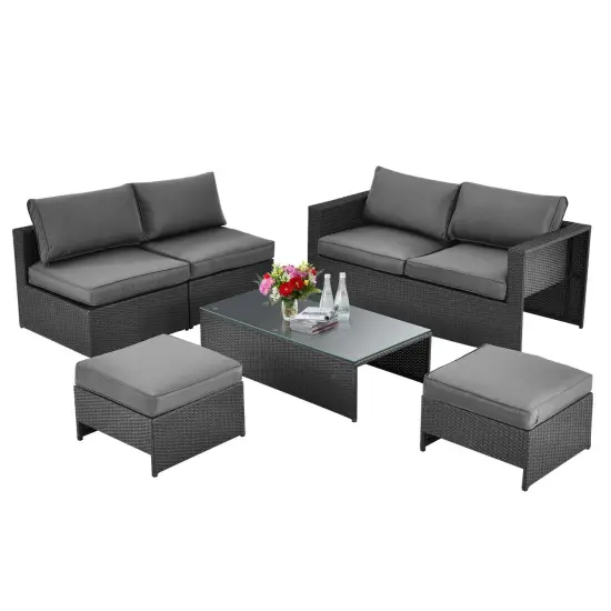 6 Pieces Patio Rattan Furniture Set with Glass Table and Cushioned Seat-Gray {4}