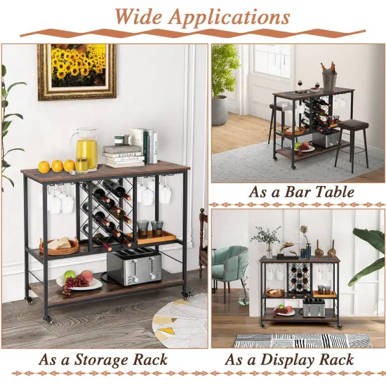 3-Tier Wine Bar Cabinet wit 8 Bottles Rack and 12 Glasses Hanger-Rustic Brown {1}