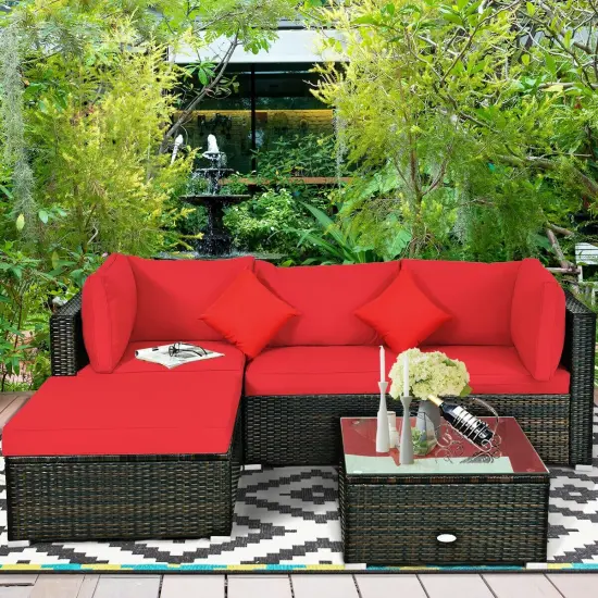 5 Pcs Outdoor Patio Rattan Furniture Set Sectional Conversation with Cushions Red {6}