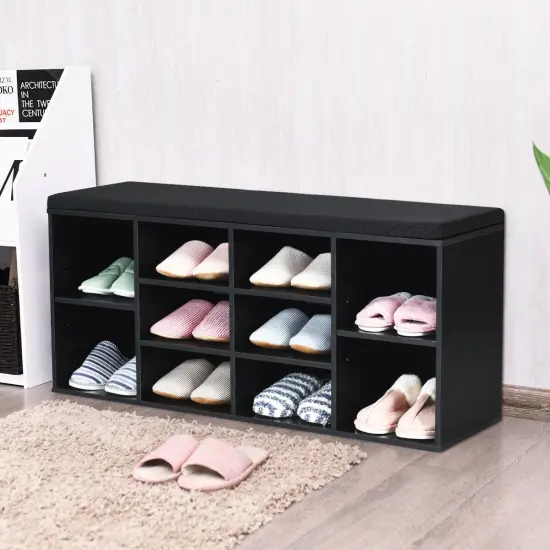 10-Cube Organizer Entryway Padded Shoe Storage Bench Black {2}