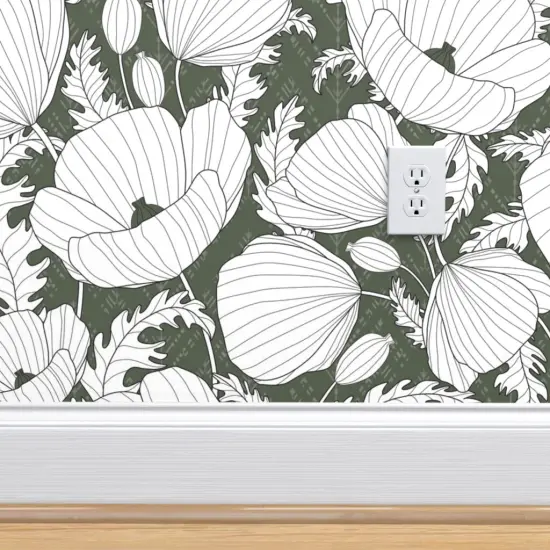 Peel & Stick Wallpaper 2FT Wide Floral Poppies Boho Flowers Olive White Line Drawing Large Scale Leaves Retro Green Custom Removable Wallpaper by Spoonflower {4}