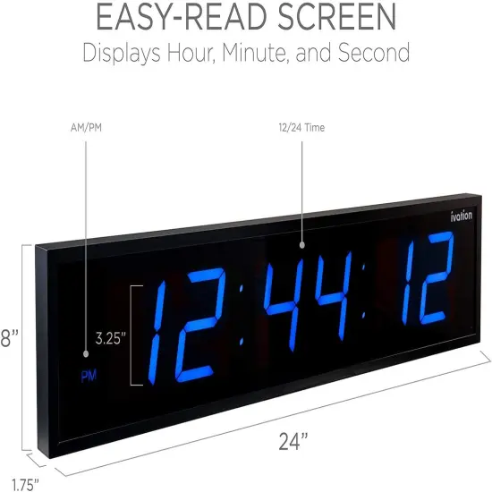 Ivation 24 in. Large Digital Wall Clock, LED Digital Clock with Timer and Alarm Blue {3}